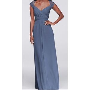 David’s Bridal Long Mesh Dress with Lace Cap Sleeves